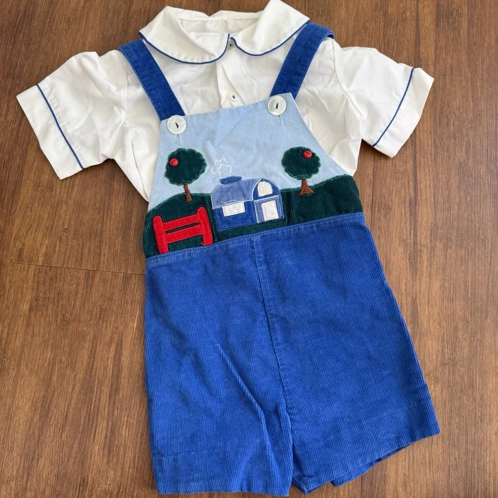 Vtg Country Farm Corduroy Overalls Boys 3 Blue Jon Jon Barn Apple 1980's Set - Picture 1 of 11